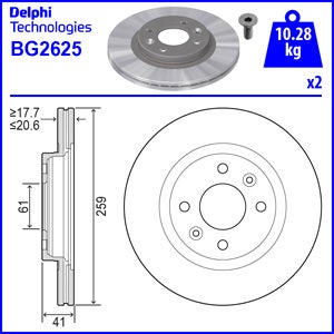 DELPHI -  Front Vented Brake Disc Pair - 259mm Diameter