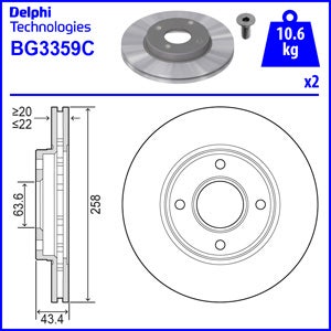 DELPHI -  Front Vented Brake Disc Pair - 258mm Diameter