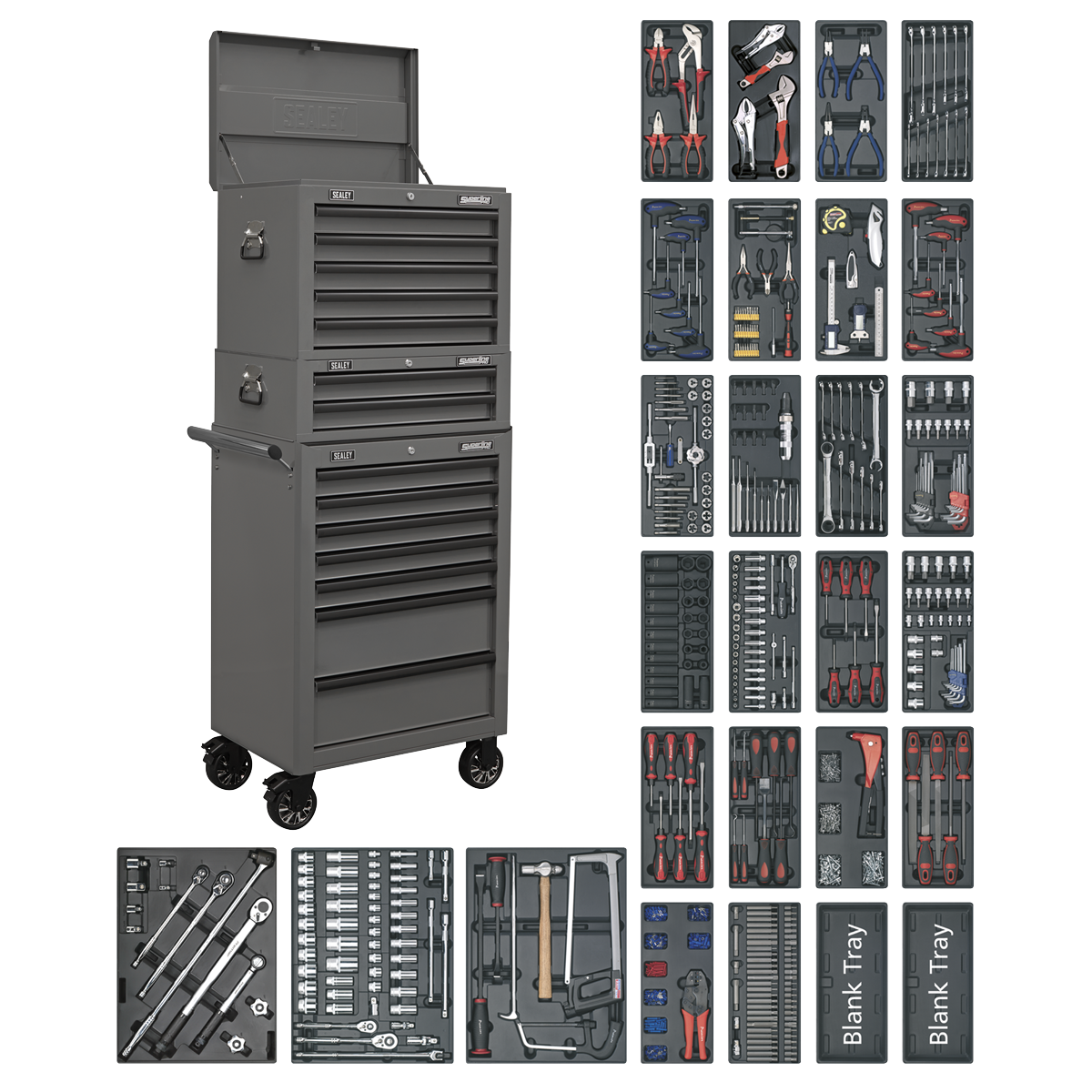 Tool Chest Combination 14 Drawer with Ball-Bearing Slides - Grey & 1179pc Tool Kit